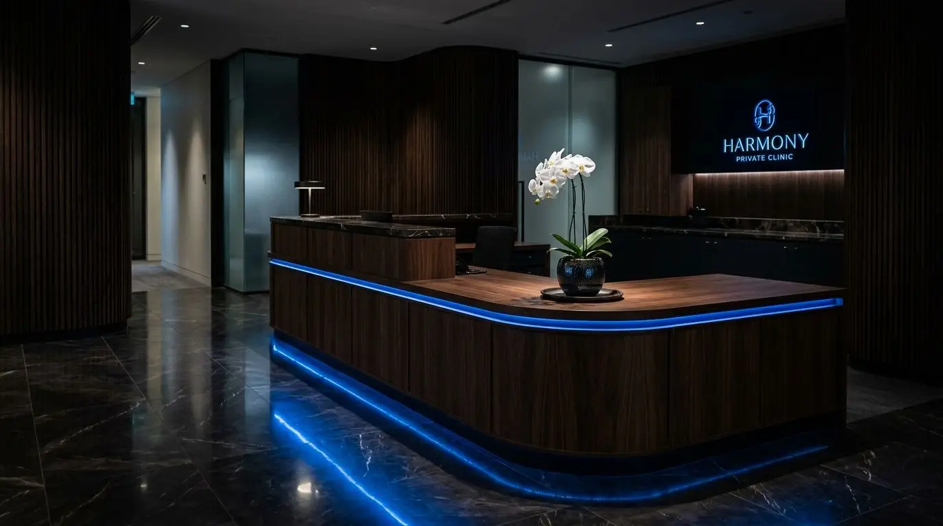 Recepție de clinică privată cu tejghea curbată din lemn și bandă luminoasă albastră
