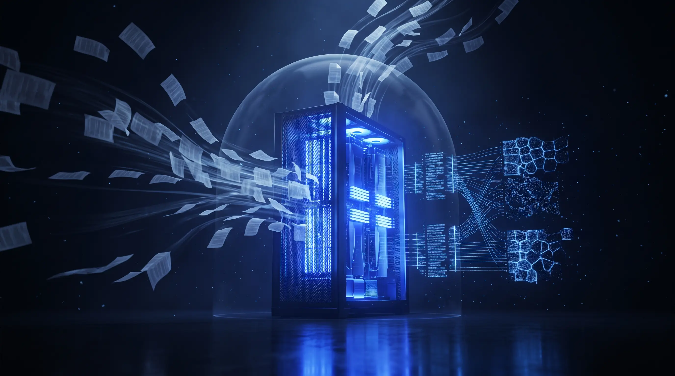 Turn de server care strălucește cobalt sub un dom protector translucid, cu documente care curg spre el
