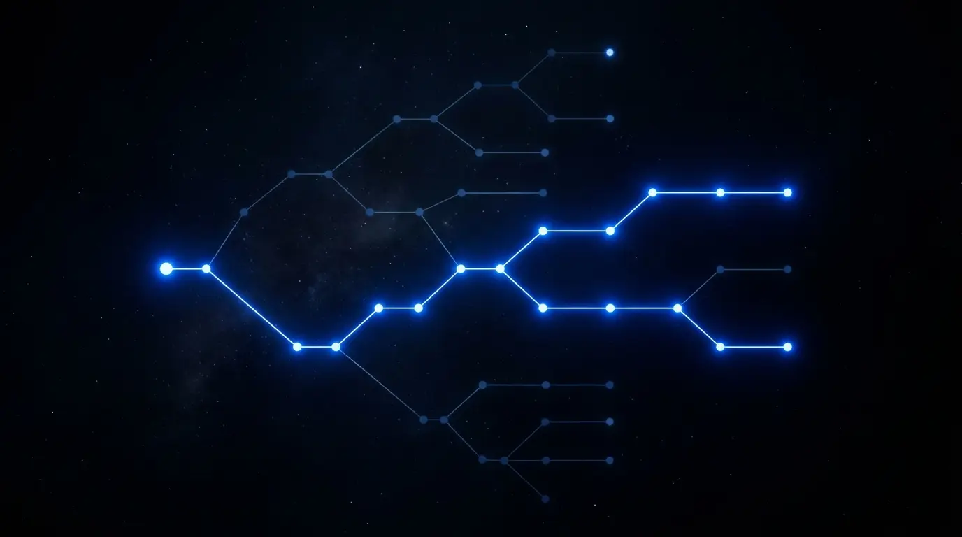 Diagramă de flux cu noduri luminoase cobalt conectate prin linii fine