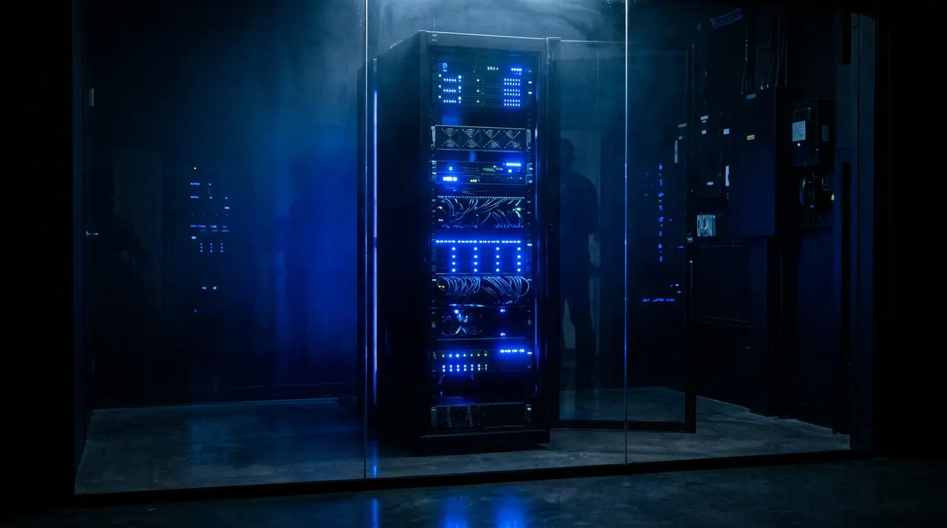 Rack de server privat cu lumini cobalt, atmosferă de seif