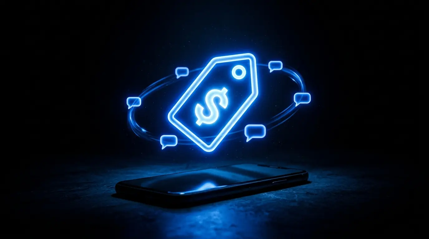 Etichetă de preț luminoasă cobalt deasupra unui telefon