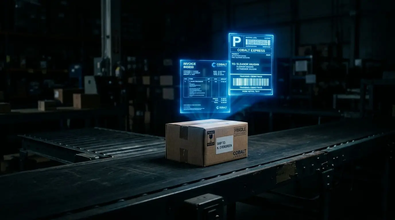 Cutie pe bandă de conveyor cu documente holografice deasupra