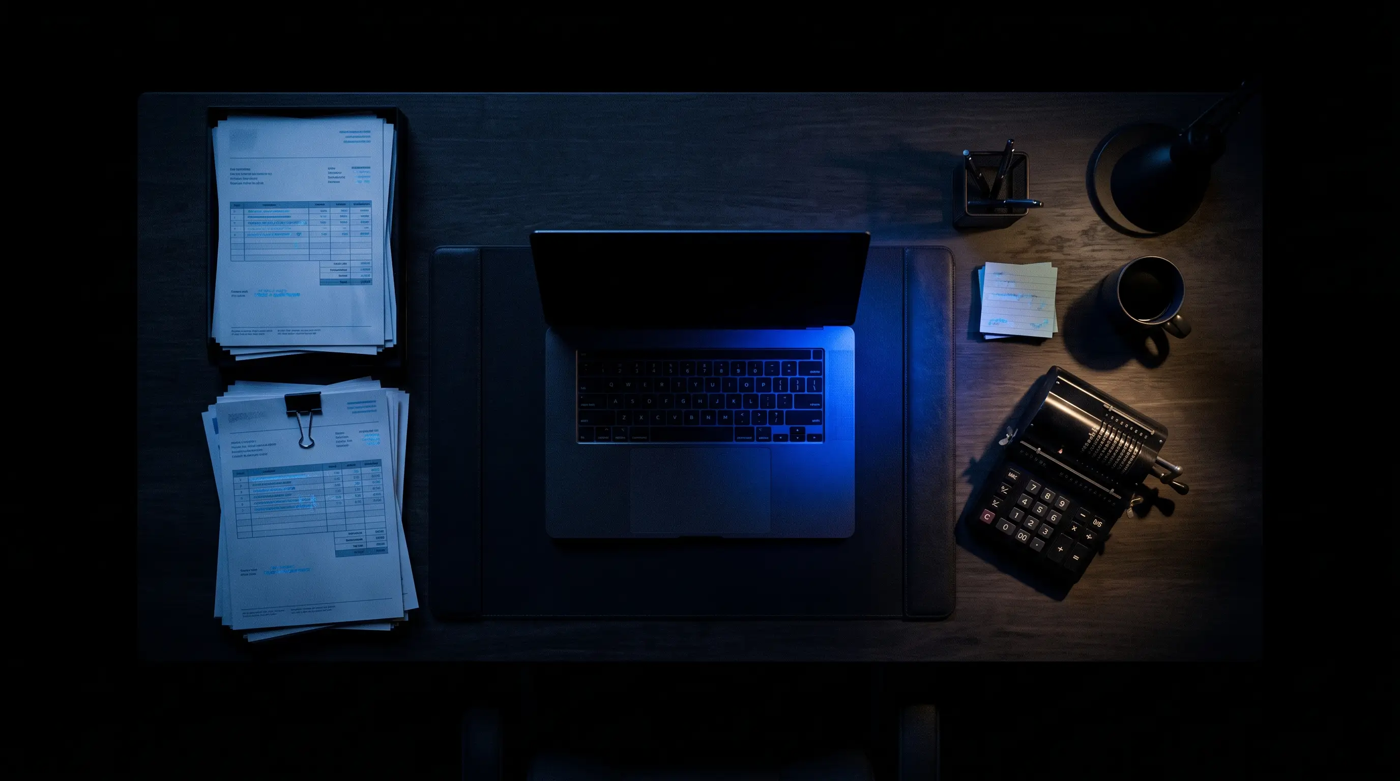 Documente contabile și laptop pe un birou, în lumină cinematografică albastră