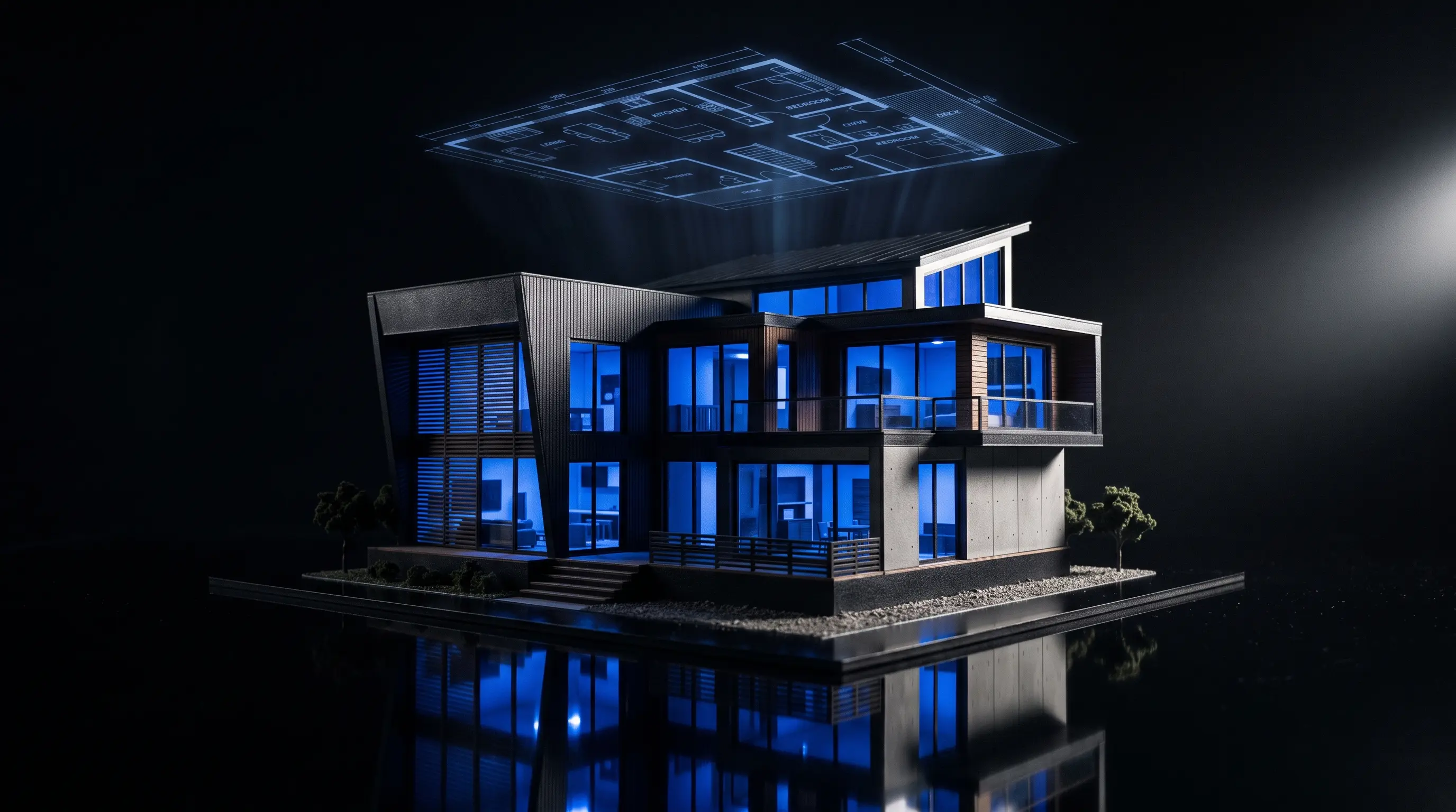 Cartier rezidențial modern fotografiat la amurg, cu accente de lumină albastră cobalt