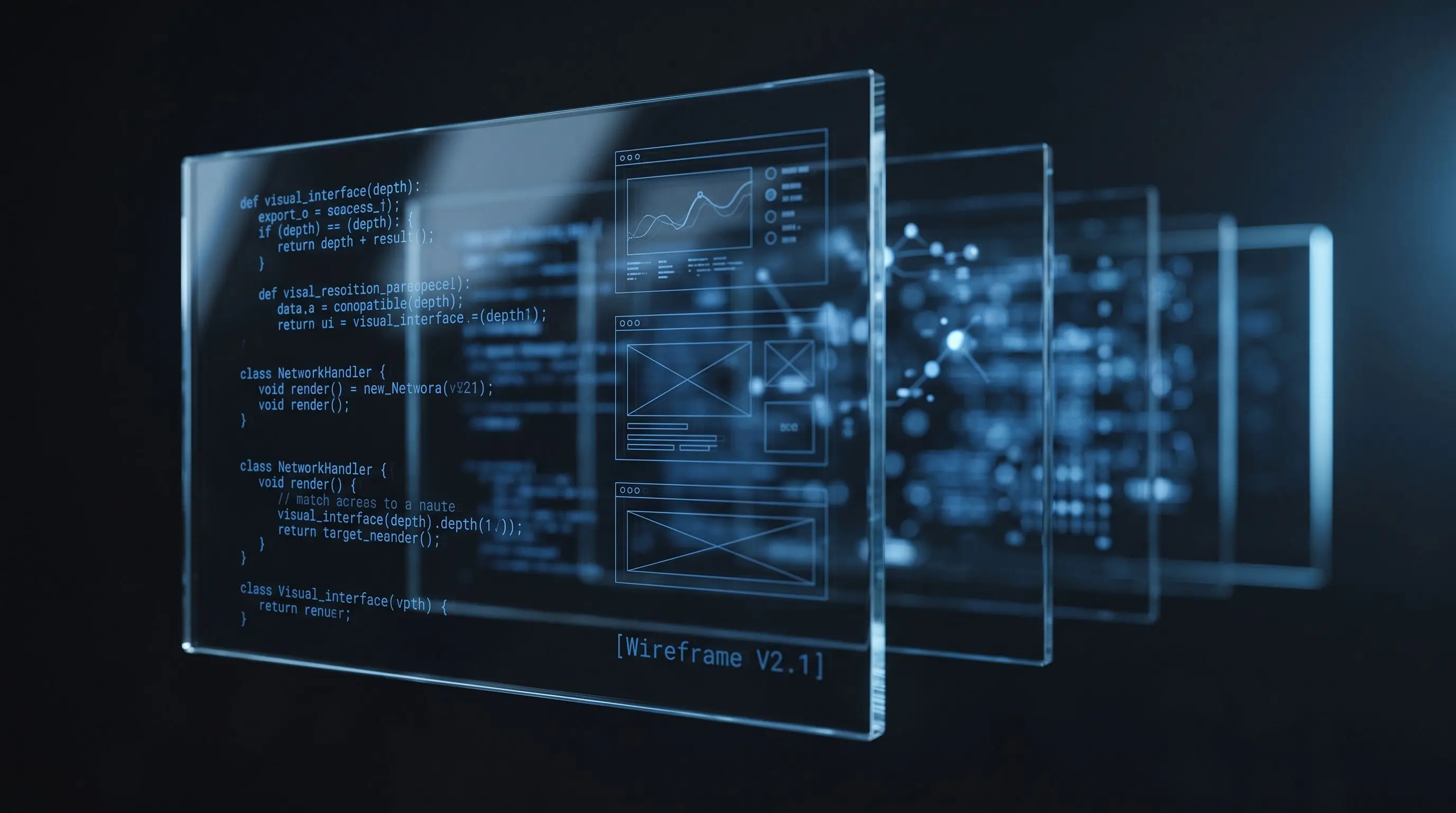 Panouri de sticlă translucide cu linii de cod și wireframe-uri