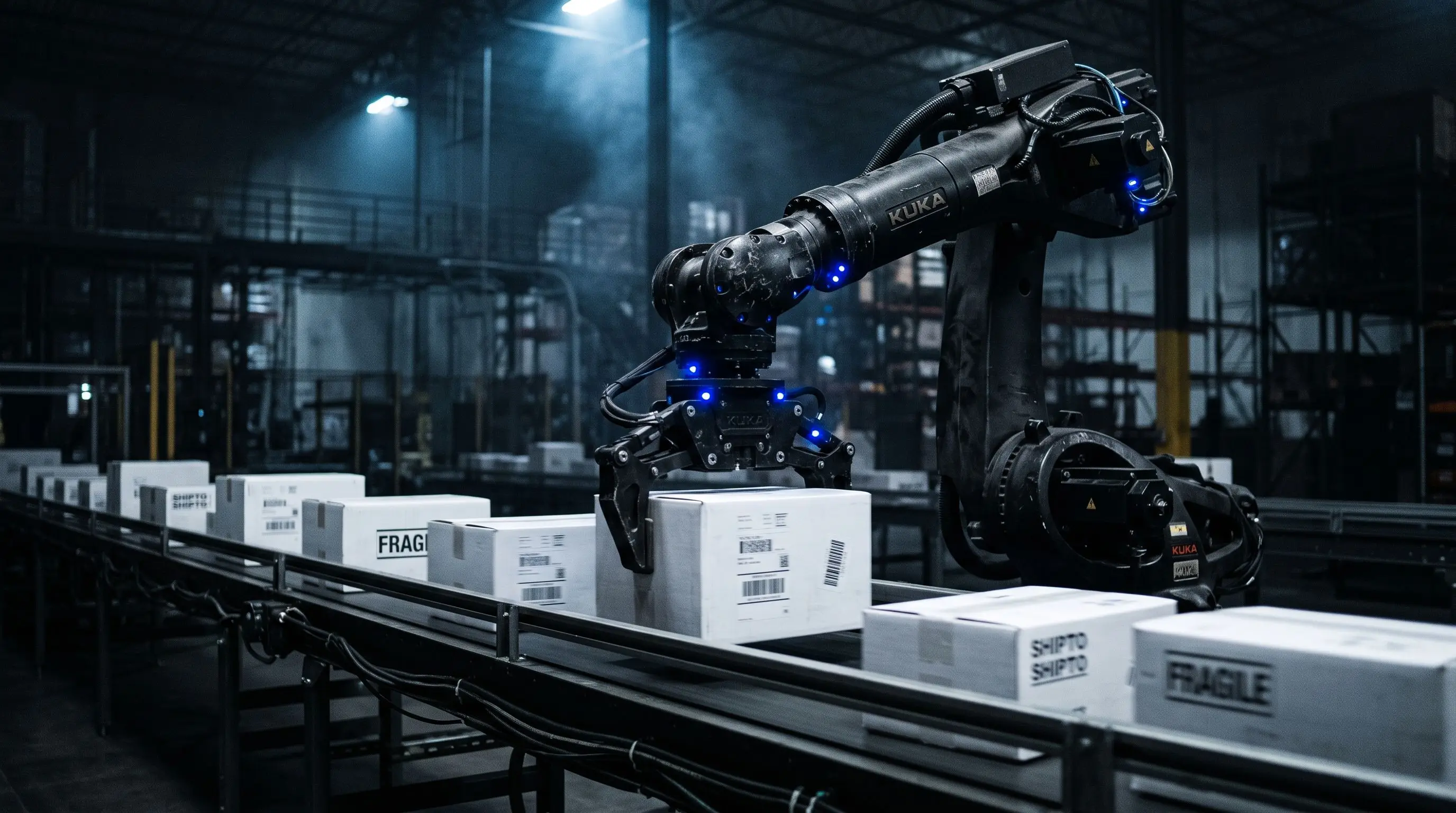 Braț robotic sortând cutii pe o bandă de conveyor, lumini albastre