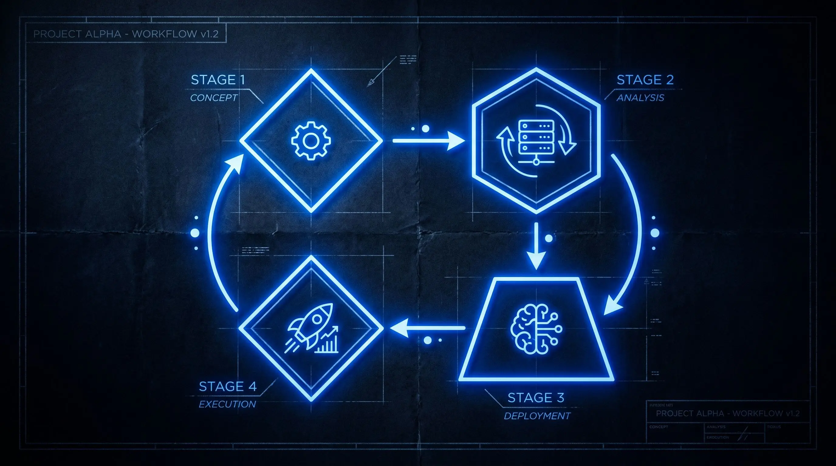 Diagramă de flux de lucru în linii luminoase cobalt pe plan întunecat